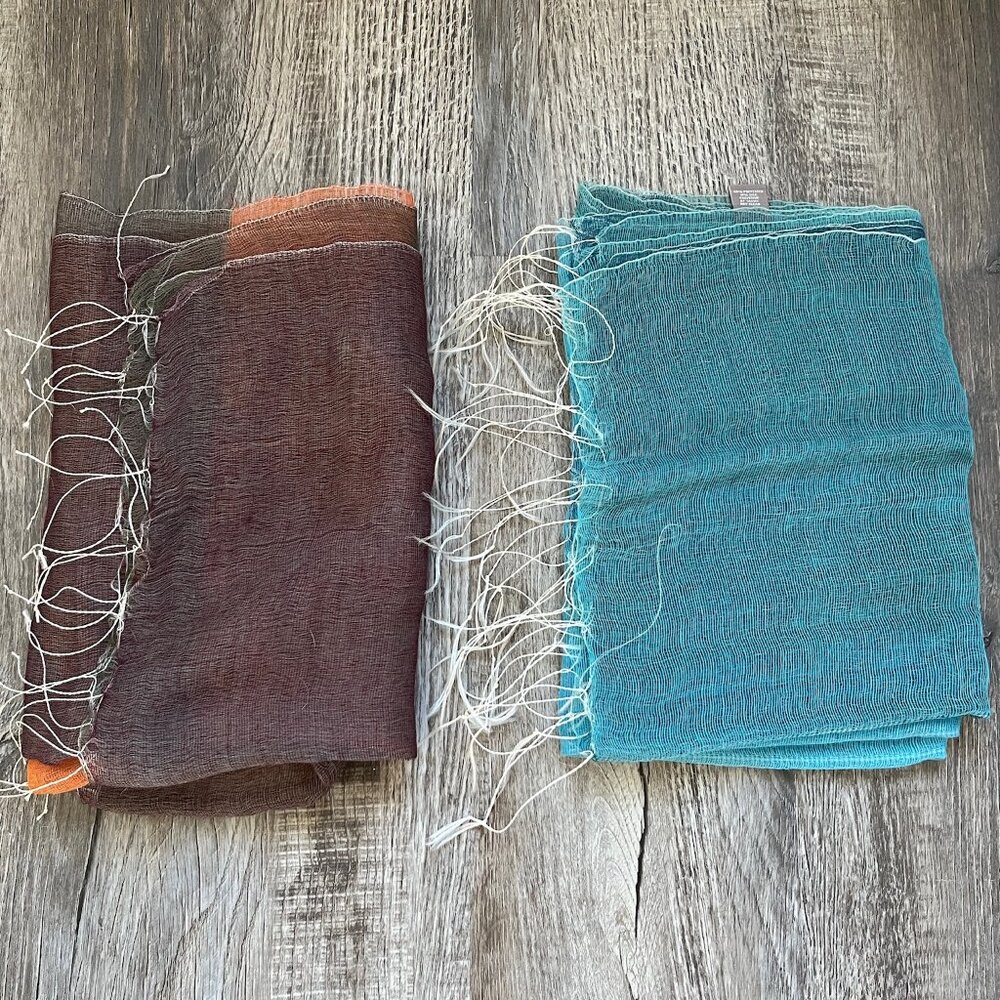 Lot of 2 J. Jill Rectangular Lightweight Scarf Scarves w/ Fringes Blue & Orange
